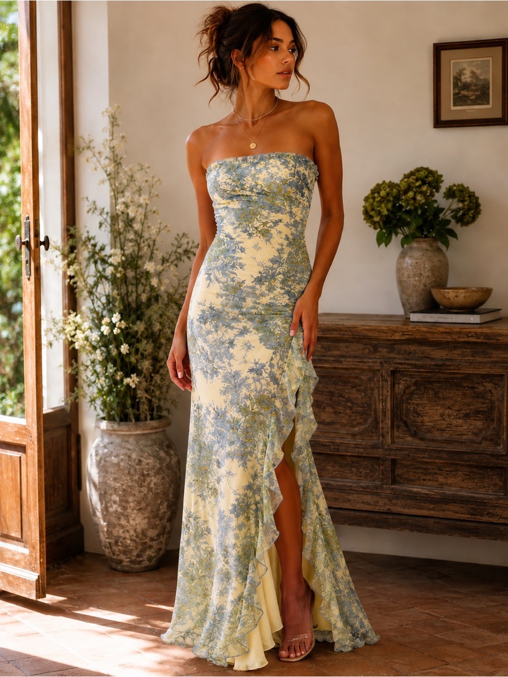 Tiger Mist Floral Strapless Maxi Dress Medium Blue Green Romantic Cottagecore